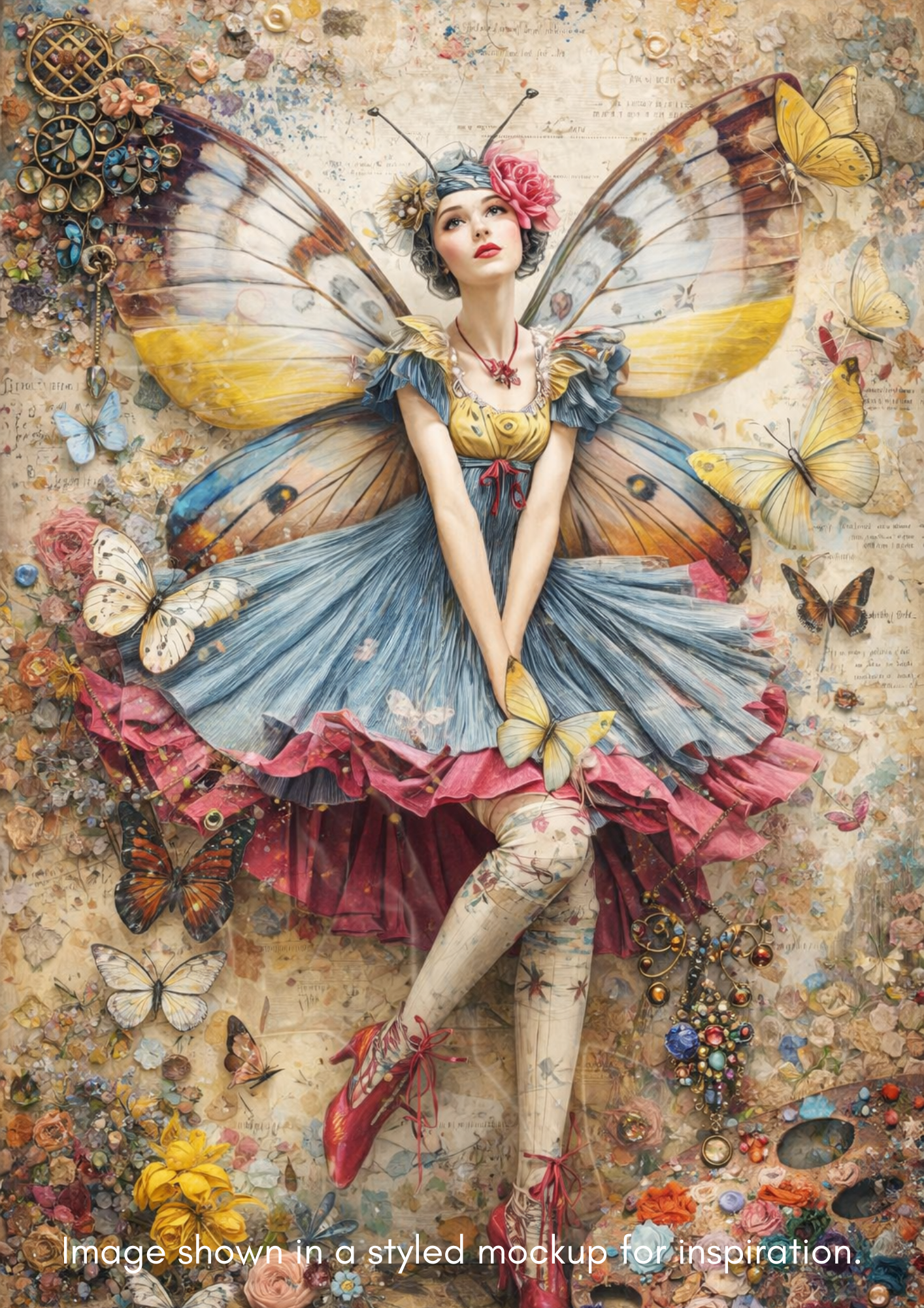 Fantasy illustration of a fairy with butterfly wings surrounded by butterflies and flowers.