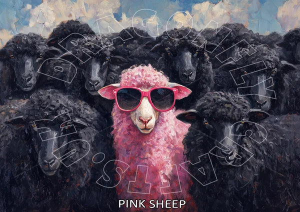 Whimsical pink sheep wearing pink sunglasses standing confidently among a flock of black sheep, painted in an expressive artistic style with a playful "dare to be different" theme from the Dragonfly Collection.