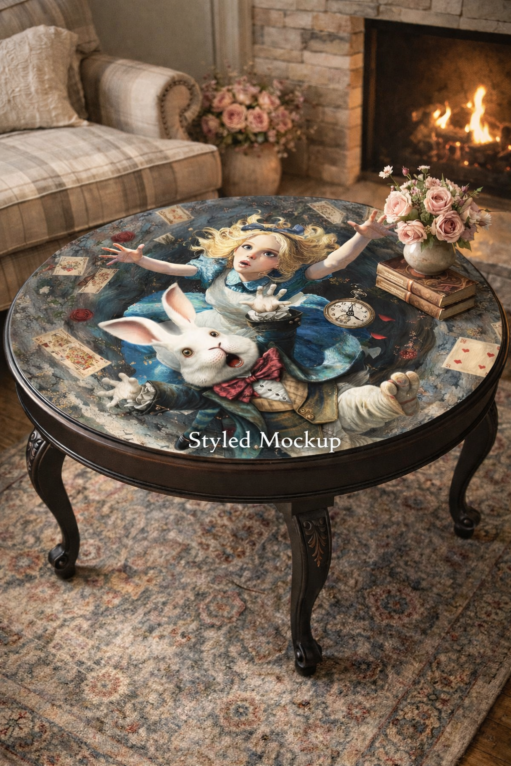Decorative table with Alice in Wonderland design in a cozy living room setting.