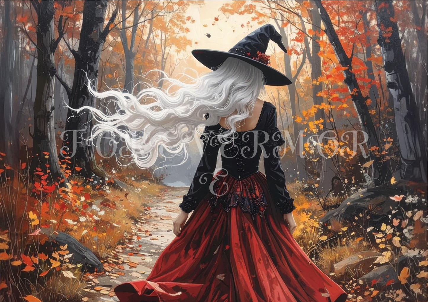 Artistic depiction of a witch with long white hair and a red cape in an autumnal forest setting.