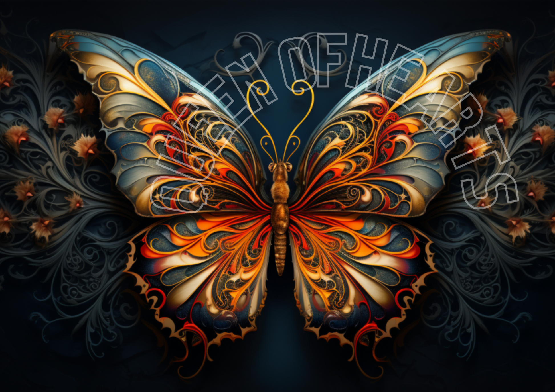 A vibrant digital artwork of a butterfly with ornate patterns and a mix of orange, yellow, and black colors on a dark floral background.
