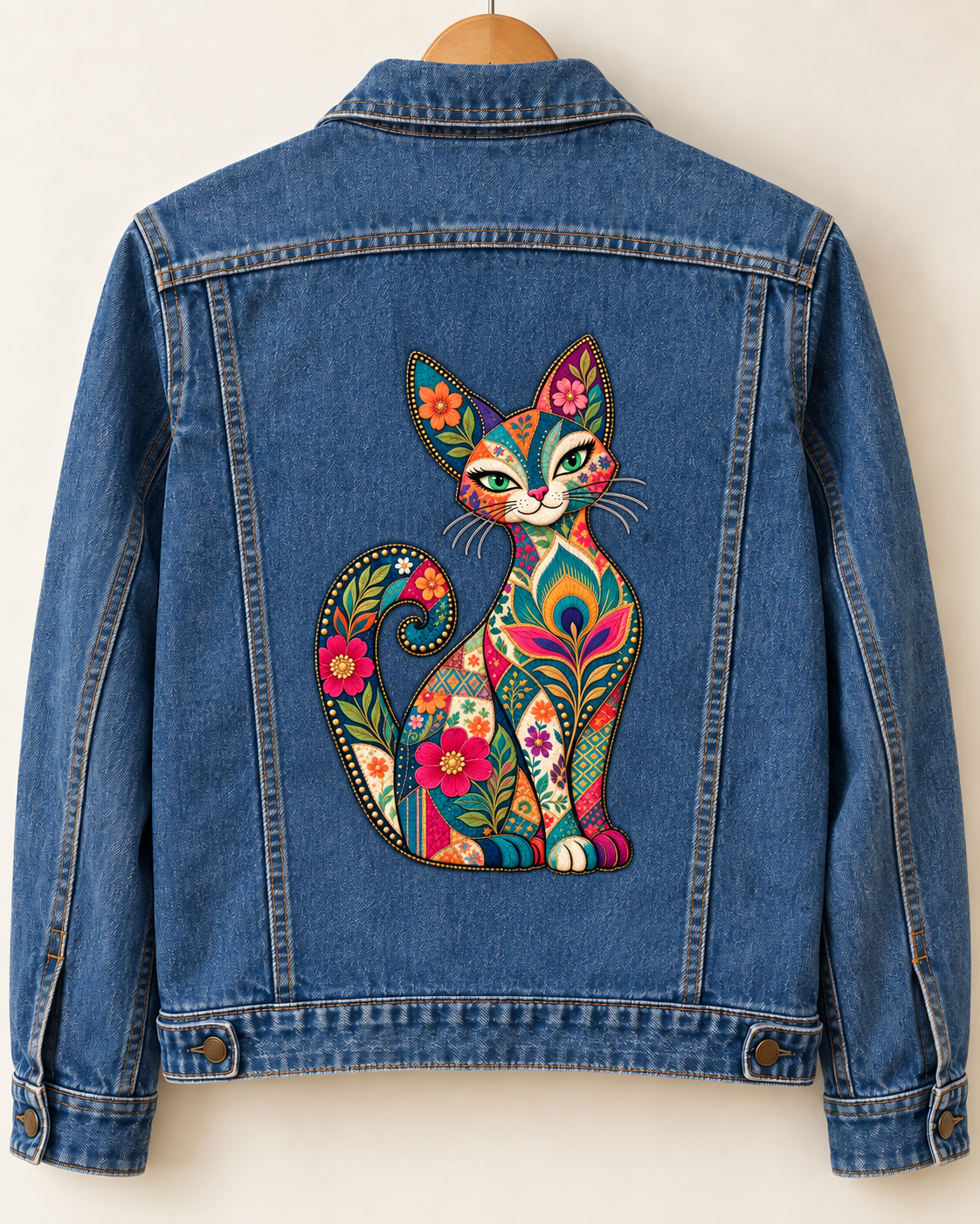 A blue denim jacket hanging on a wooden hanger against a light beige wall, featuring a large, colorful embroidered cat design on the back with floral and geometric patterns.
