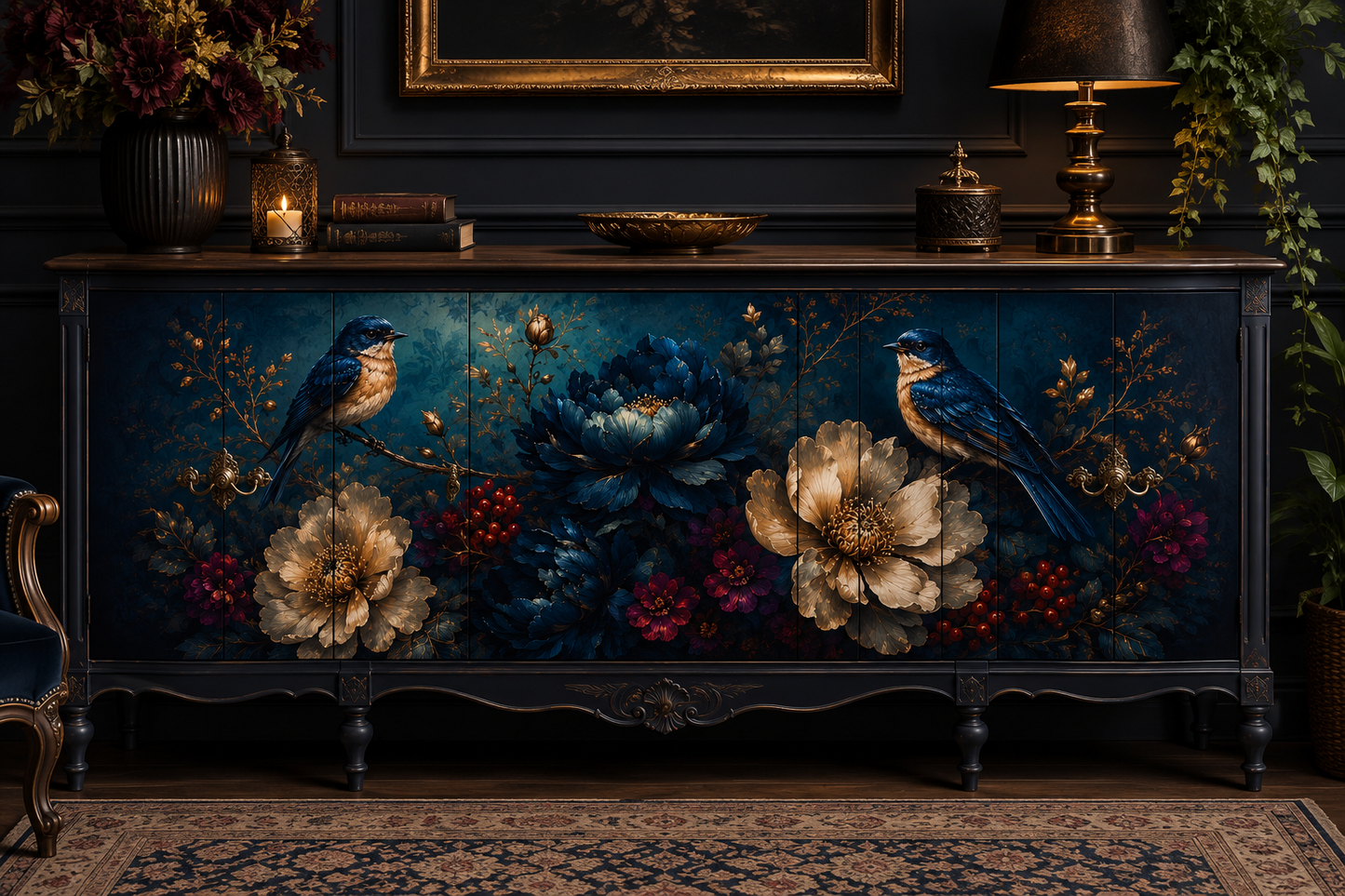 A dark wooden console cabinet featuring a detailed hand-painted floral and bird design, styled in a dark, elegant room with a lamp, framed art, and plants.