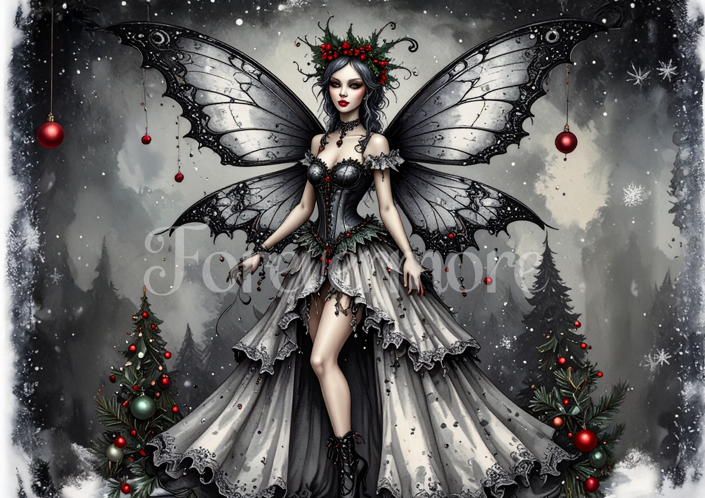 Christmas Gothic fairy with butterfly wings and red berries against a dark, starry sky.