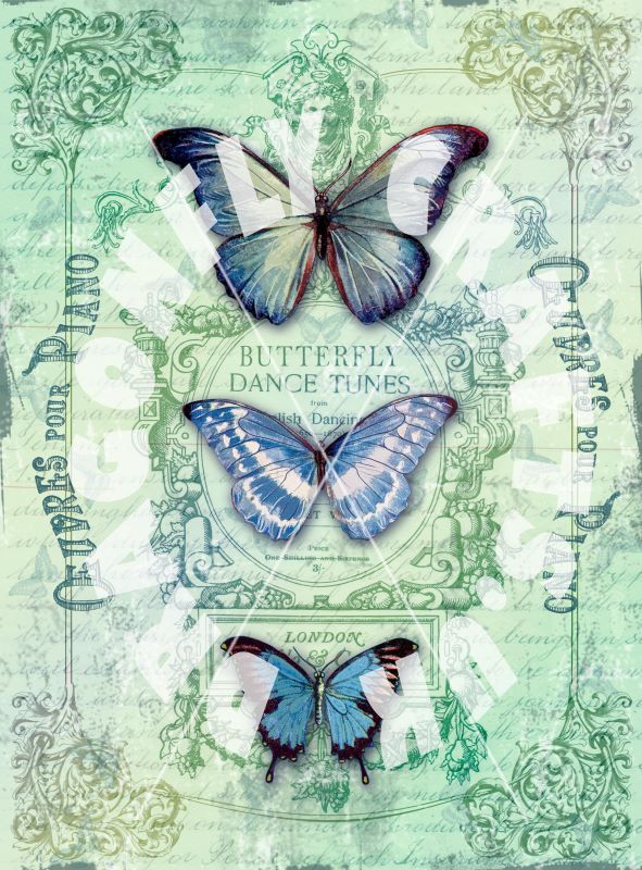 A piece of decoupage rice paper featuring a butterfly design with blue and green colors on a craft paper background.