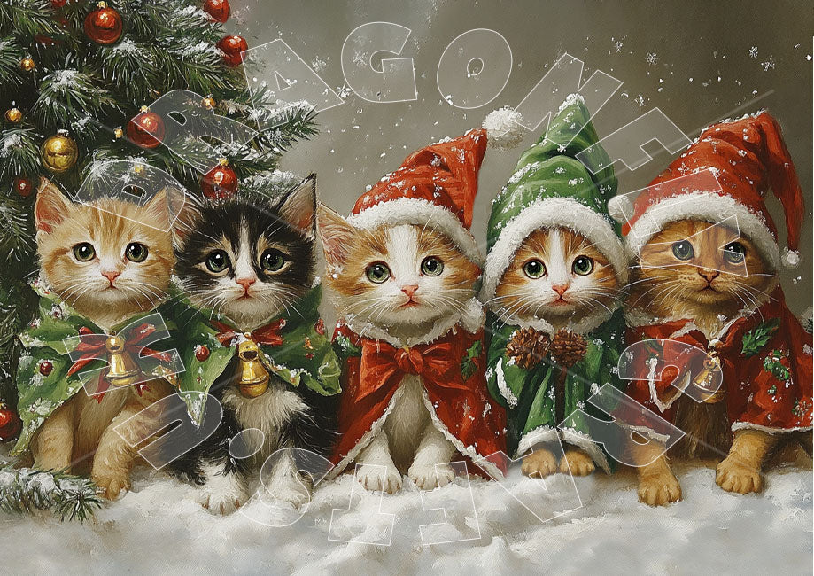 A decorative paper craft featuring a group of stylized cats wearing Christmas-themed clothing and accessories, including Santa hats, set against a snowy backdrop with a Christmas tree in the background.