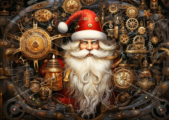 Artistic representation of Santa Claus with a steampunk design, surrounded by gears and mechanical elements.