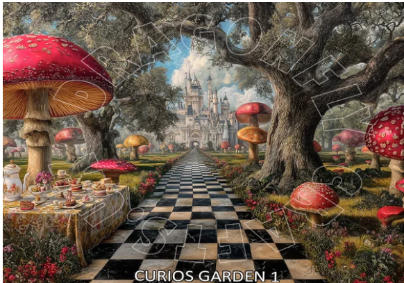 A fantasy garden scene with a long black-and-white checkered path leading to a distant castle, surrounded by oversized red and orange mushrooms, gnarled trees, and a tea-table setting in the foreground.