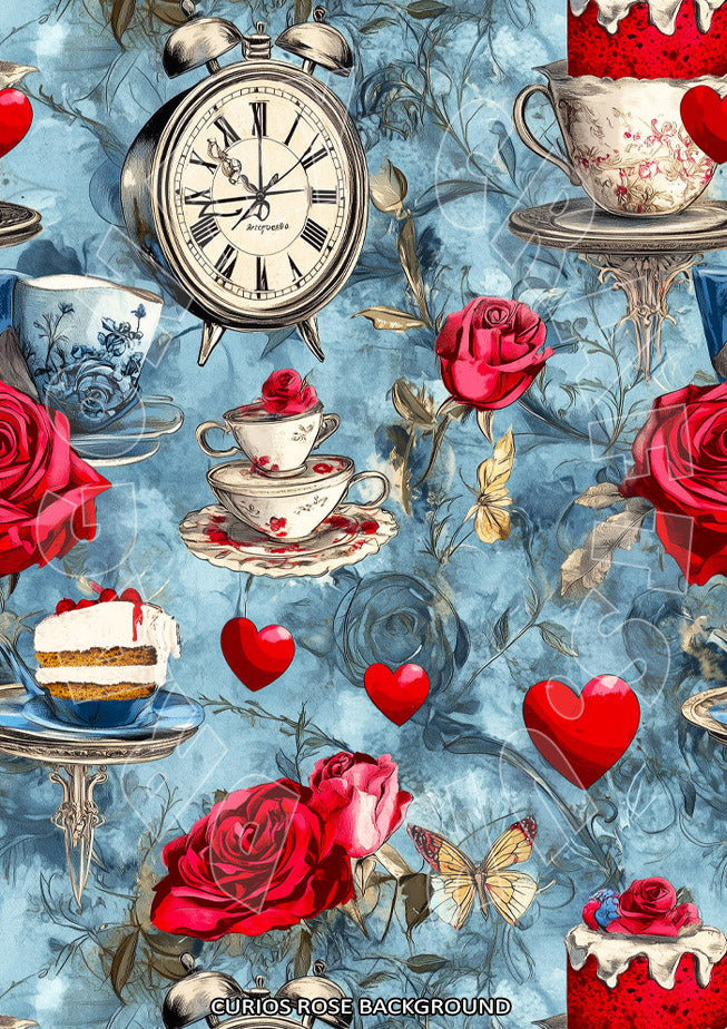 A printed rice paper decoupage sheet with a design featuring a rose, clock, teacup, and other decorative elements.