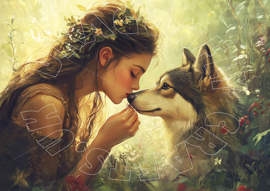 Artistic decoupage paper featuring an illustration of a person with flowers in their hair, kissing a wolf on the nose, surrounded by nature.