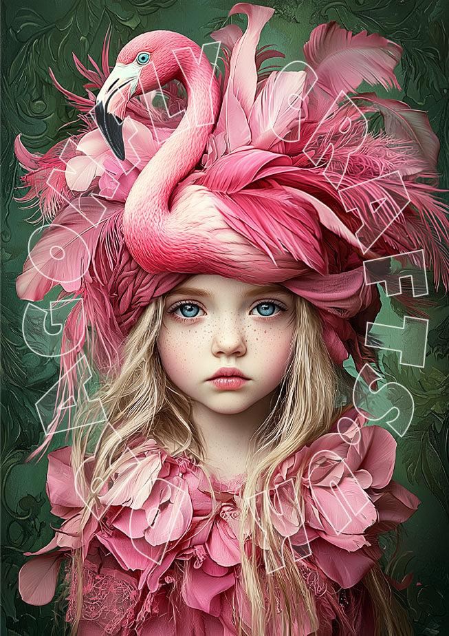 Artistic representation of a person with a flamingo headdress and decorative elements in pink tones.
