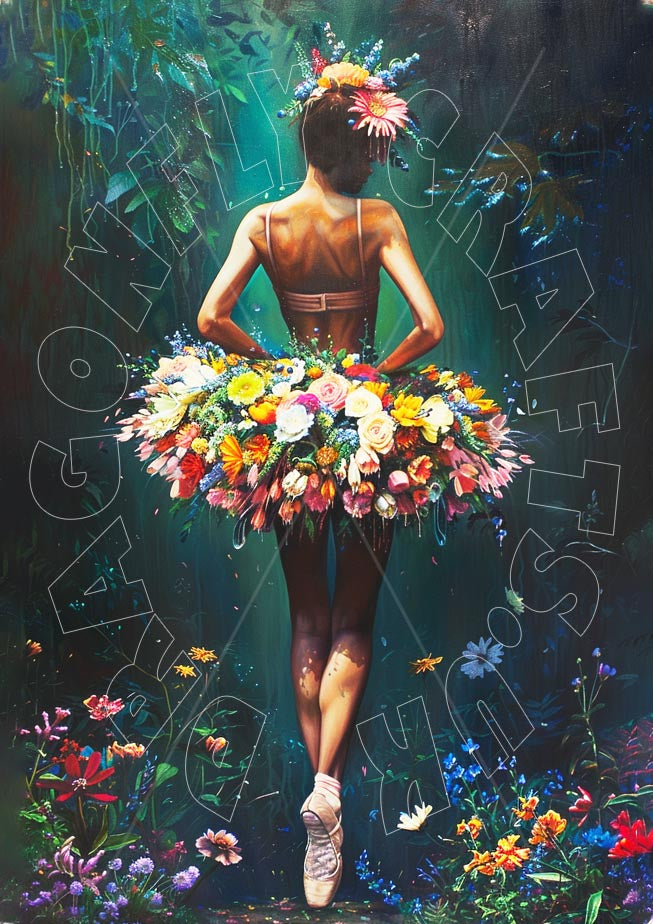 A picture of a floral-themed ballet costume decoupage paper craft, featuring a female figure in a ballet pose surrounded by colorful flowers and lush greenery.