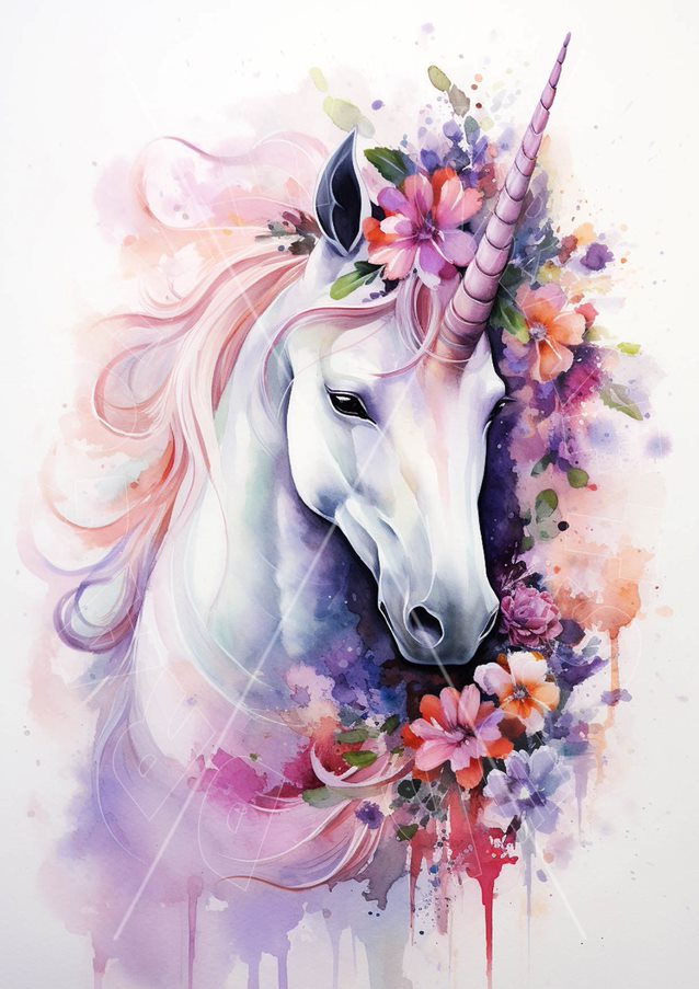 A decoupage paper with a floral unicorn design, featuring a white unicorn's head and neck with pink and purple flowers around it.