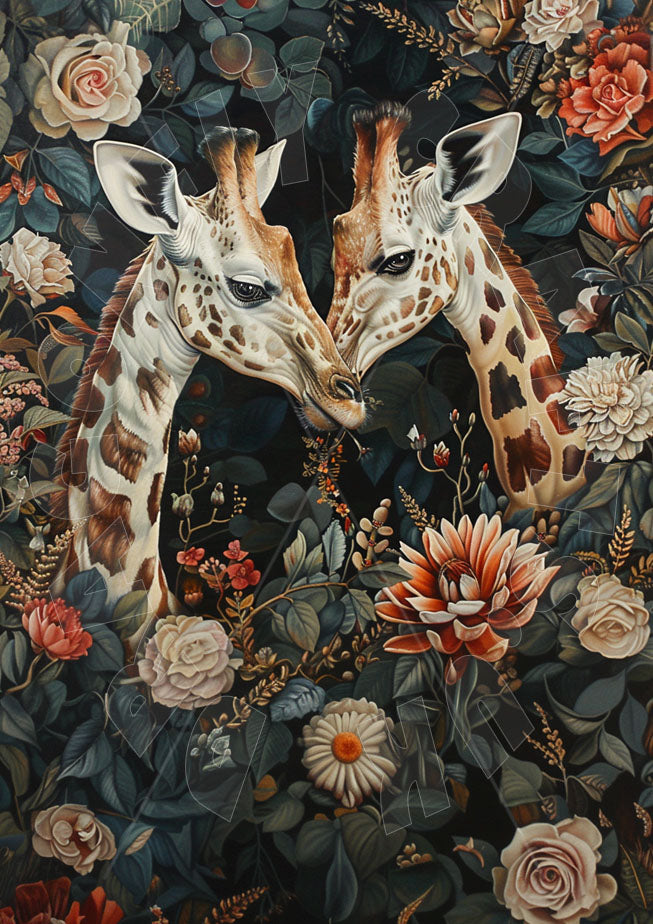 Decoupage paper craft featuring a detailed illustration of two giraffes kissing amidst a floral background with various flowers and leaves.