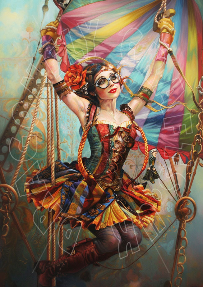 Rice paper decoupage craft featuring a colorful girl on a trapeze with a circus theme.