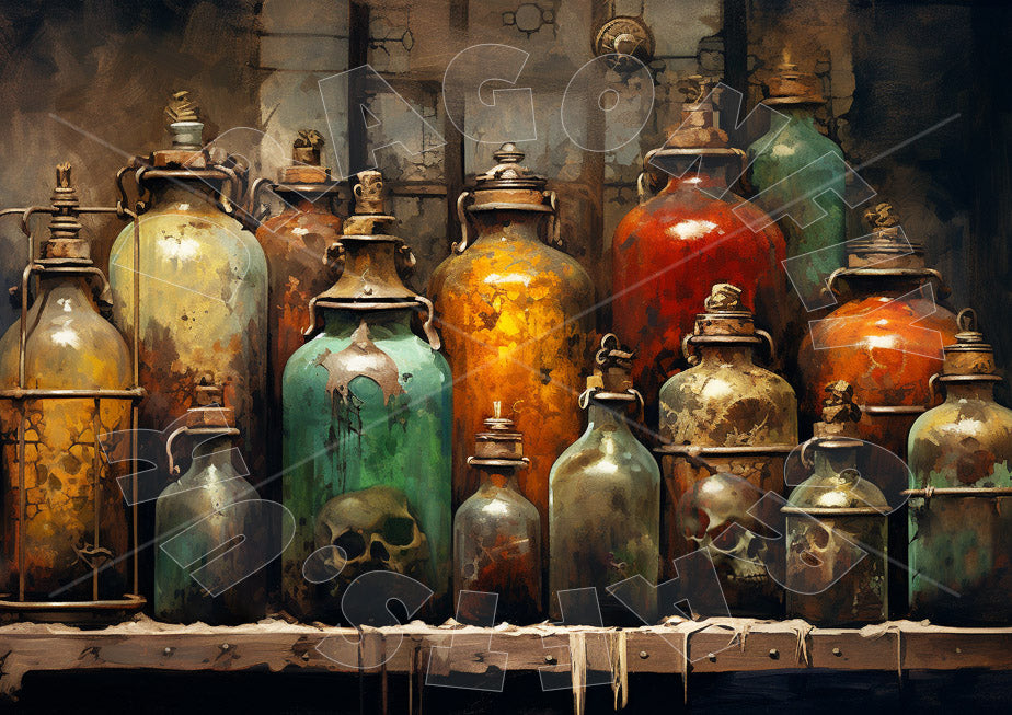 A collection of grungy decoupage paper crafted in the shape of potions bottles, featuring various colors and designs.
