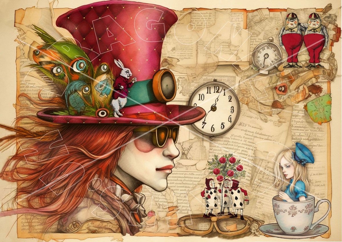 A colorful illustration of a whimsical tea party scene with a variety of characters, including a woman with a large hat and a bird perched on it, a clock, and several other whimsical figures engaged in tea time activities.