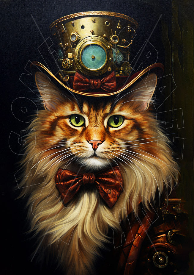 Artistic representation of a cat with a steampunk-inspired hat and bow tie.