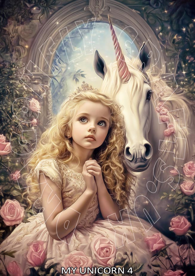 A decoupage print featuring a young girl sitting beside a white unicorn, with a garden and a magical theme.