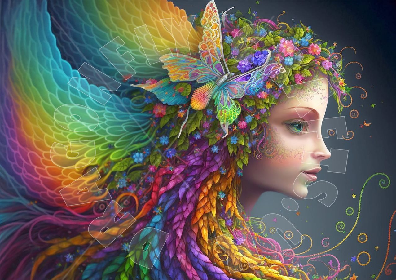 A colorful artistic depiction of a character with butterfly wings and a wreath, representing a decoupage paper design.