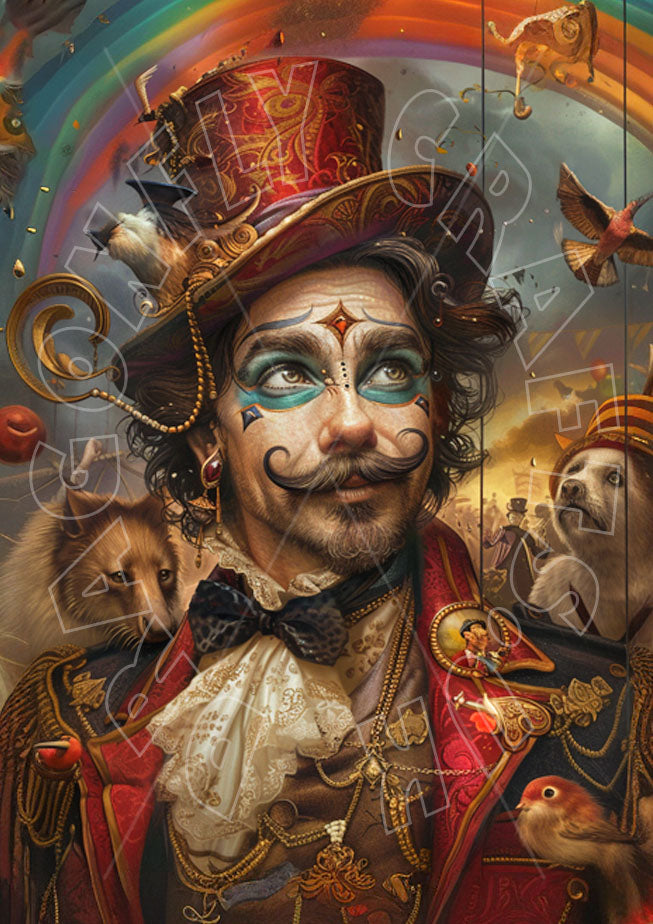 A colorful artistic decoupage paper craft featuring a character resembling a ring master with a variety of accessories and a background of fantastical elements like birds and animals.
