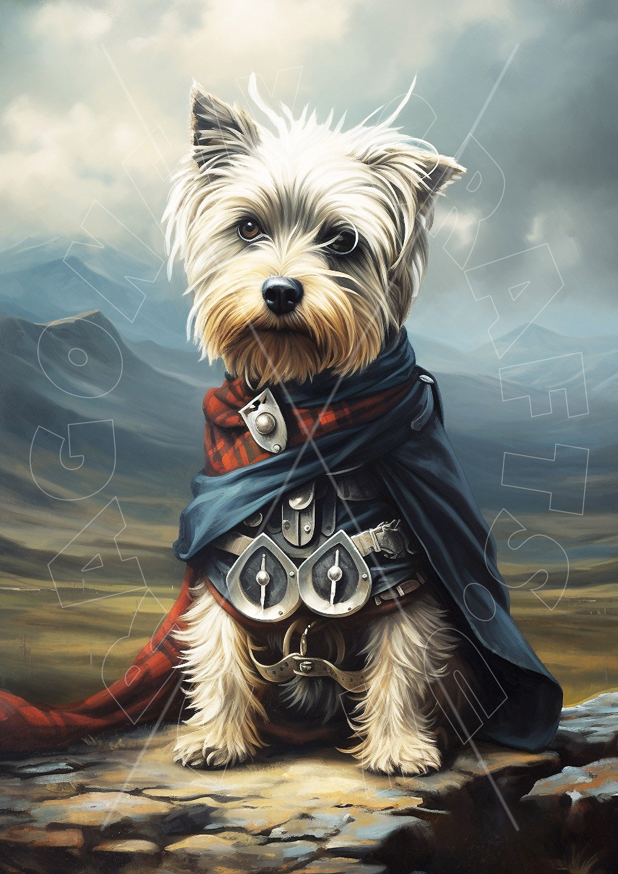 A decoupage paper craft depicting a Scottish Terrier dog wearing a kilt, sitting on a rocky surface with a misty background.
