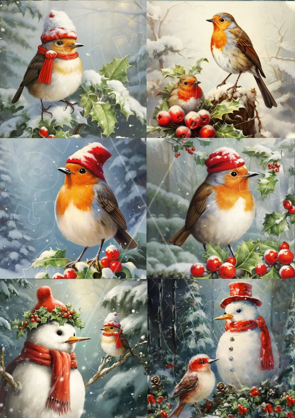 Collage of a robin bird wearing a red hat and scarf in a snowy scene with holly berries.