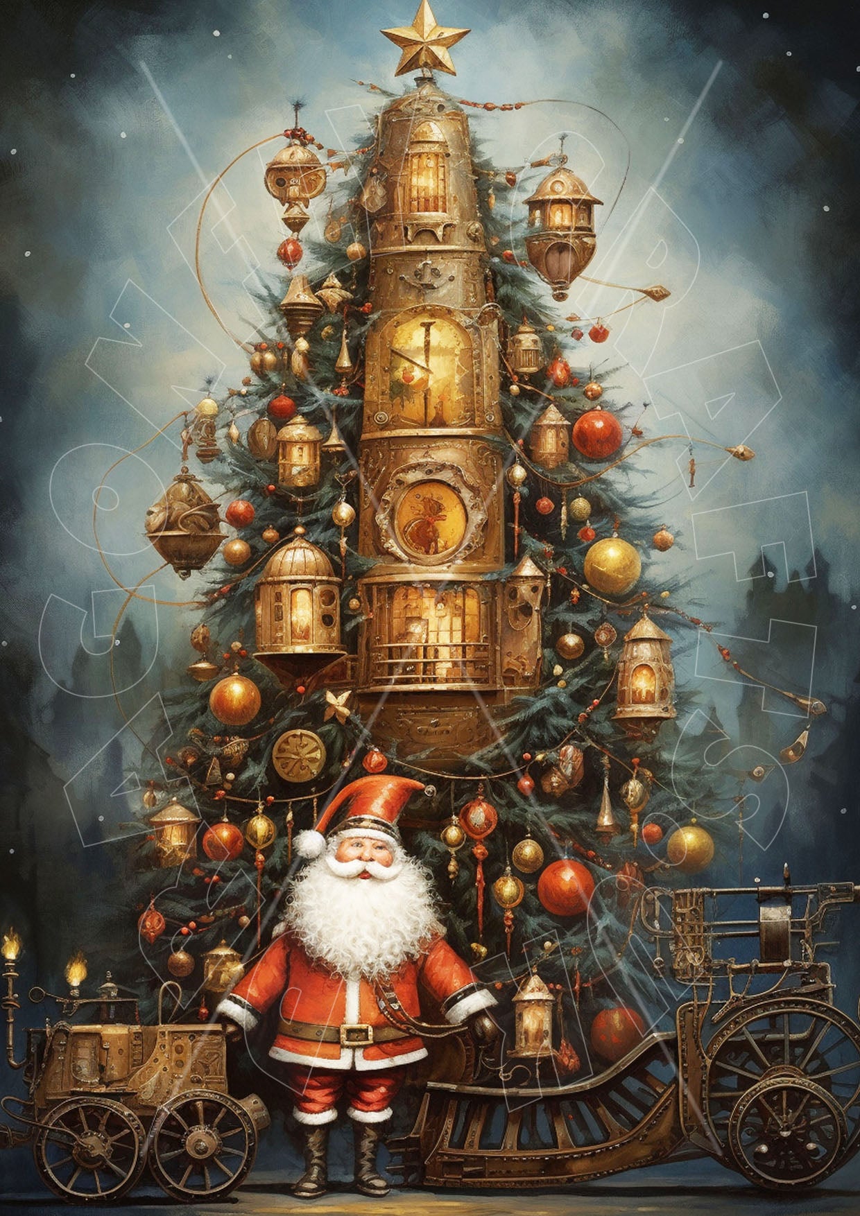 A piece of art depicting a Steampunk stylized Christmas tree with various mechanical elements and Santa Claus figure, all collaged on rice paper with a crafting background.