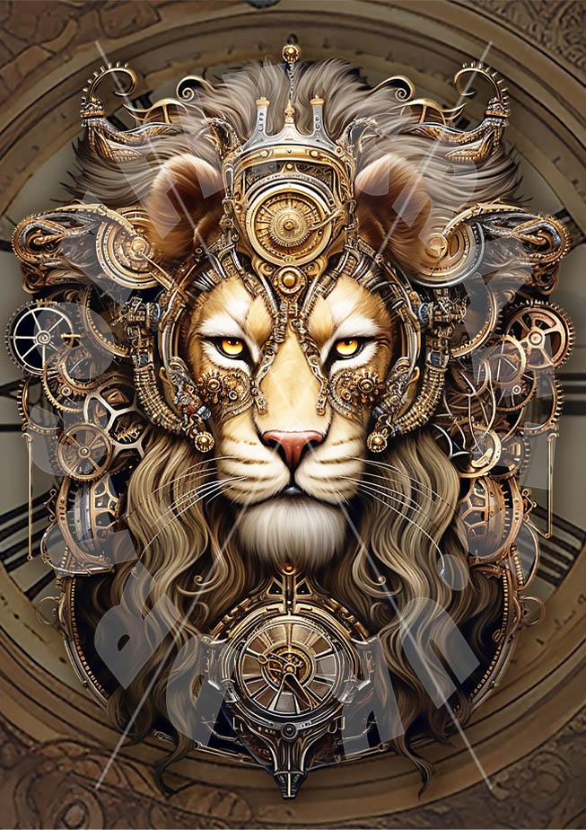 A decoupage paper with a steampunk-inspired design featuring a lion's face and body adorned with gears and vintage-style text.