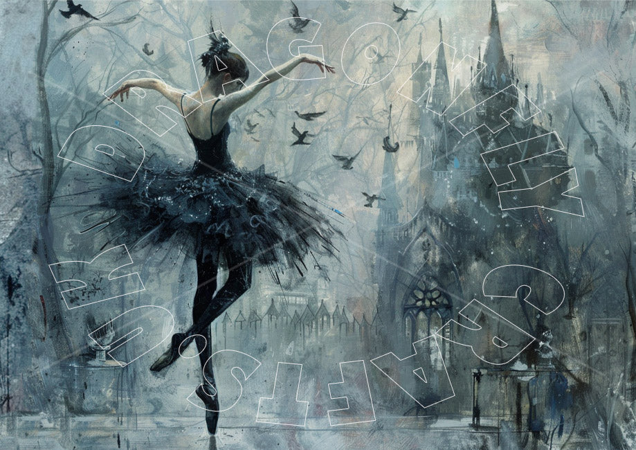 A piece of decoupage paper featuring a black swan design with a ballerina, predominantly in black and white with a whimsical background.