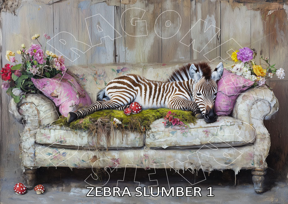 A decoupage print featuring a zebra lying on a sofa surrounded by flowers and mushrooms, with the text 'Zebra Slumber 1' at the bottom.