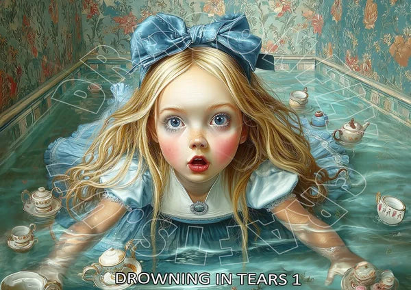 Illustration of a young girl in a bathtub with teacups, surrounded by floral wallpaper.