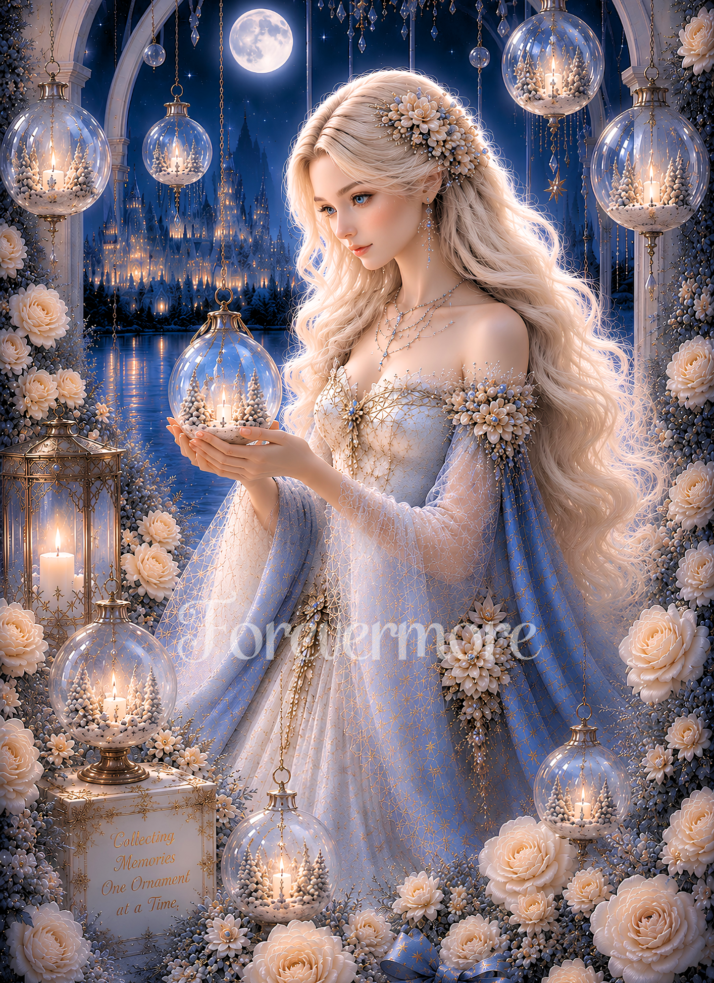Christmas maiden holding ornaments beneath a winter moon surrounded by festive decorations, holiday florals, and seasonal magic.