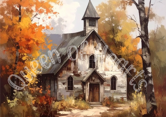 Painting of a church with autumn foliage