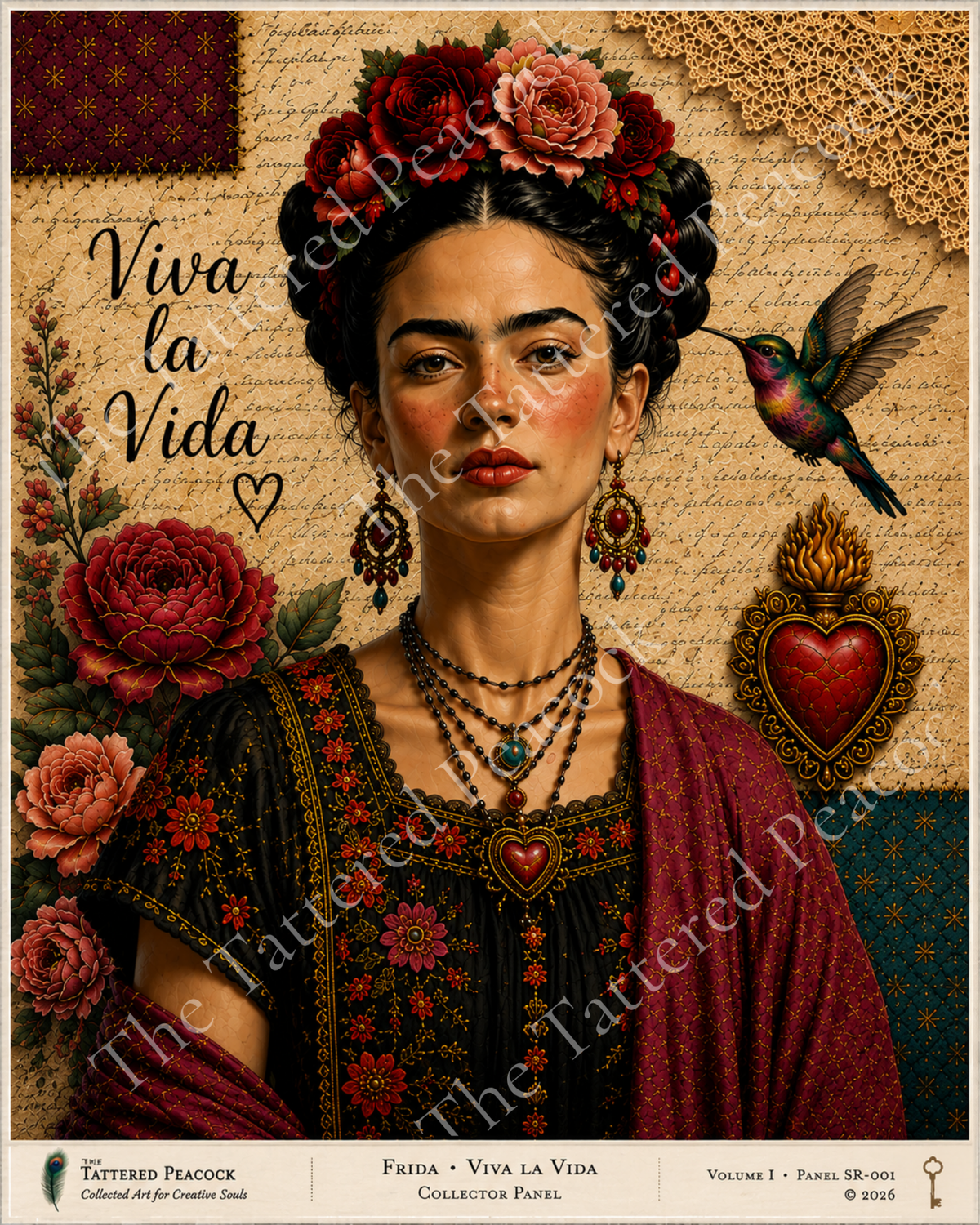 Frida Viva La Vida 8×10 cotton fabric Collector Panel featuring a floral portrait, red roses, hummingbird and ornate sacred heart.