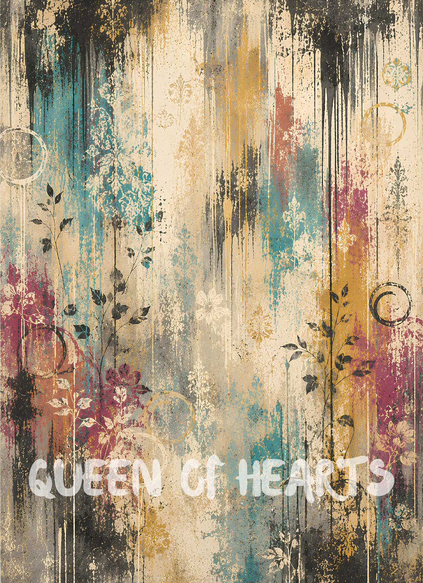Mixed-media floral artwork featuring cream, pink, yellow, and turquoise flowers layered over a distressed graffiti-inspired background with paint drips, textured brushwork, and vintage artistic details.