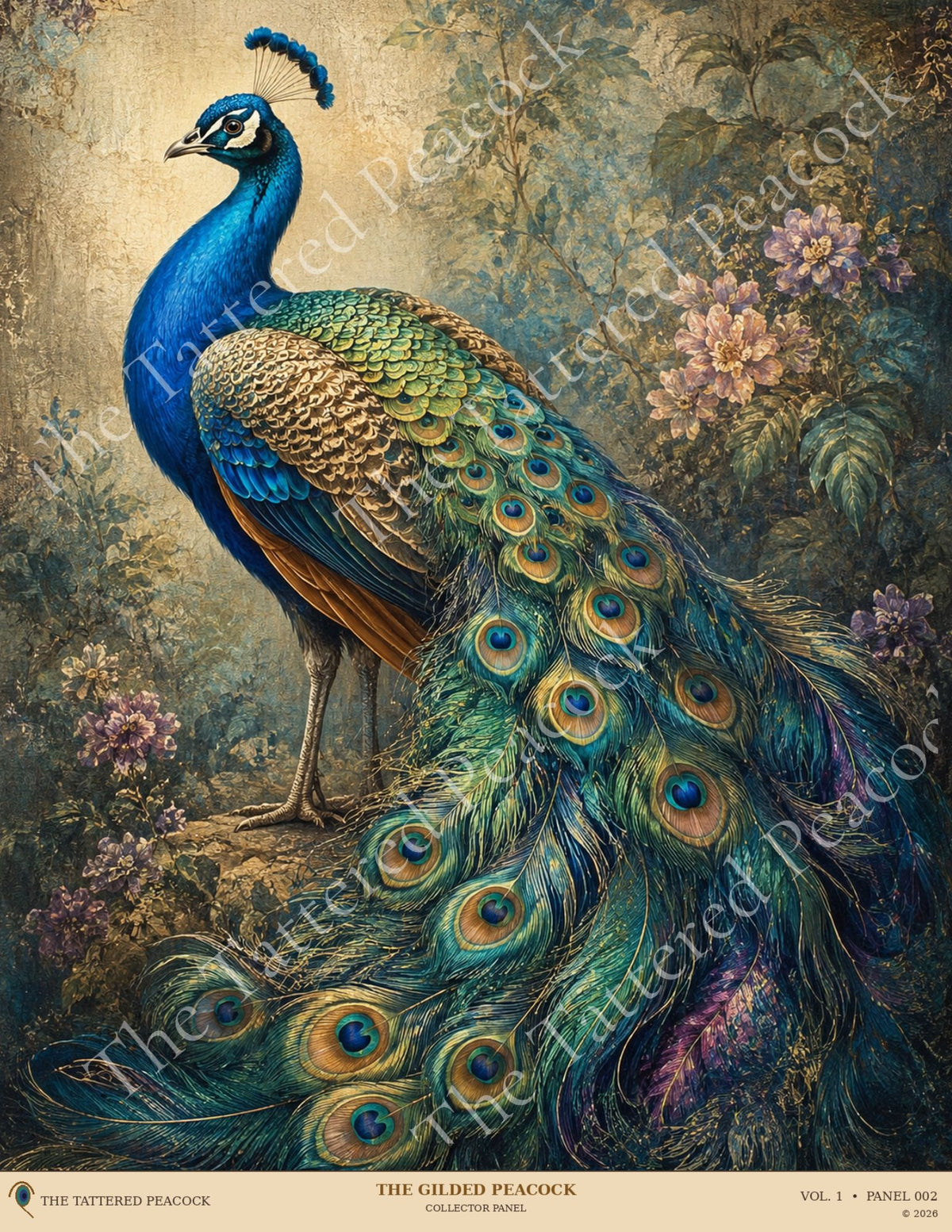The Gilded Peacock 8×10 cotton Collector Panel featuring a blue and green peacock with sweeping jeweled plumage in a vintage botanical garden.