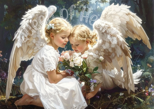 Two angelic figures holding flowers against a mystical background with text and nature elements.