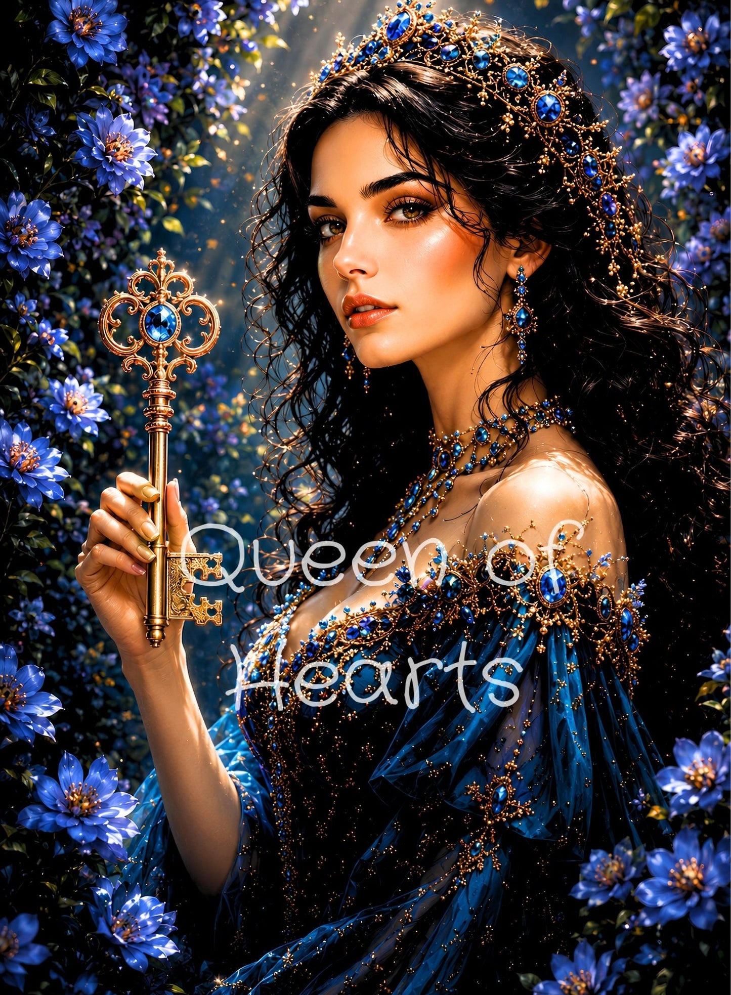 Fantasy woman in a blue gown holding an ornate golden key, surrounded by blue flowers and jeweled accessories.