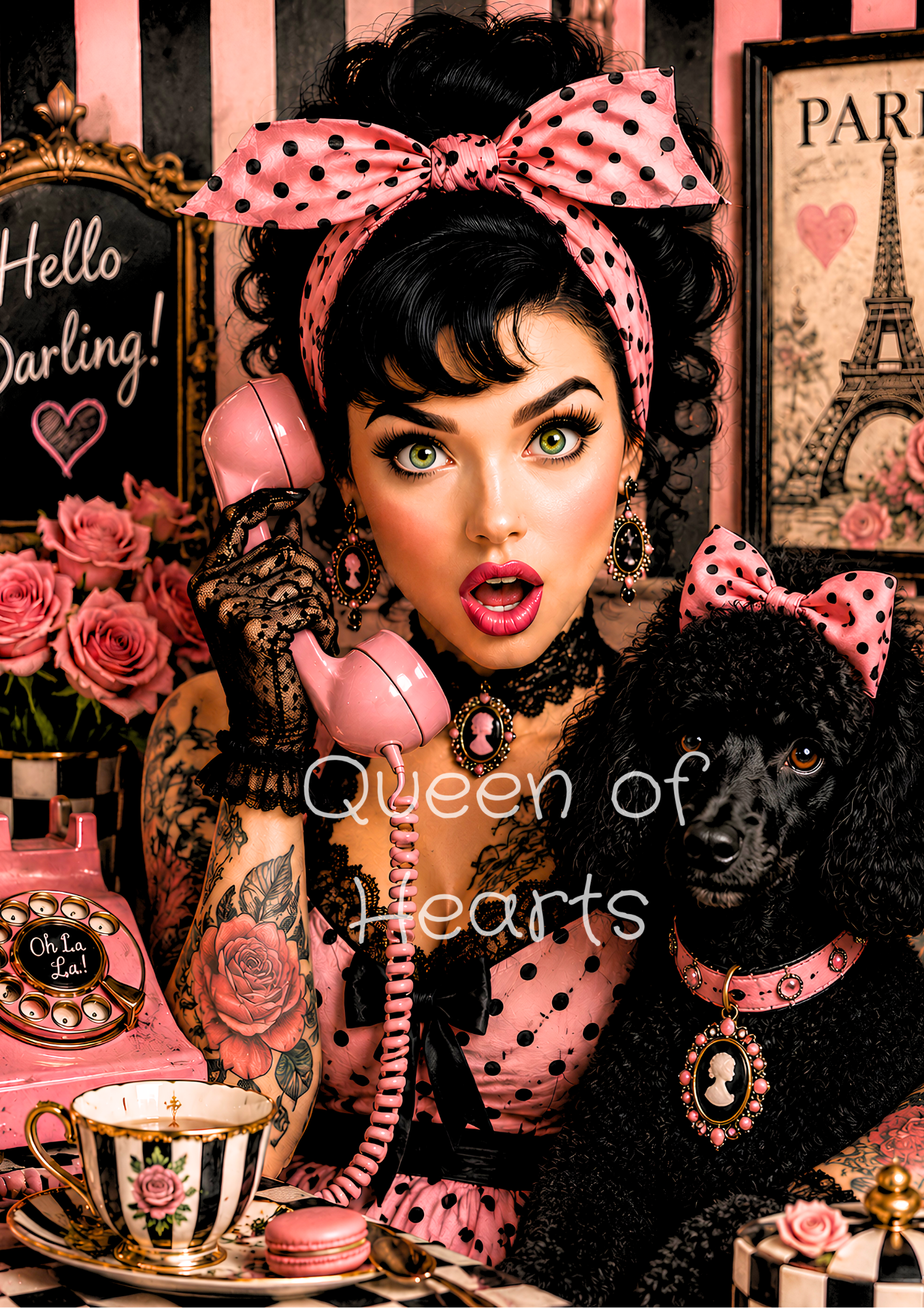 A retro-style portrait of a woman with dark curly hair wearing a pink polka-dot headband and matching dress, holding a pink rotary telephone next to a black poodle wearing a matching pink bow and collar. The scene includes a striped cup, macarons, framed Paris-themed wall art, roses.