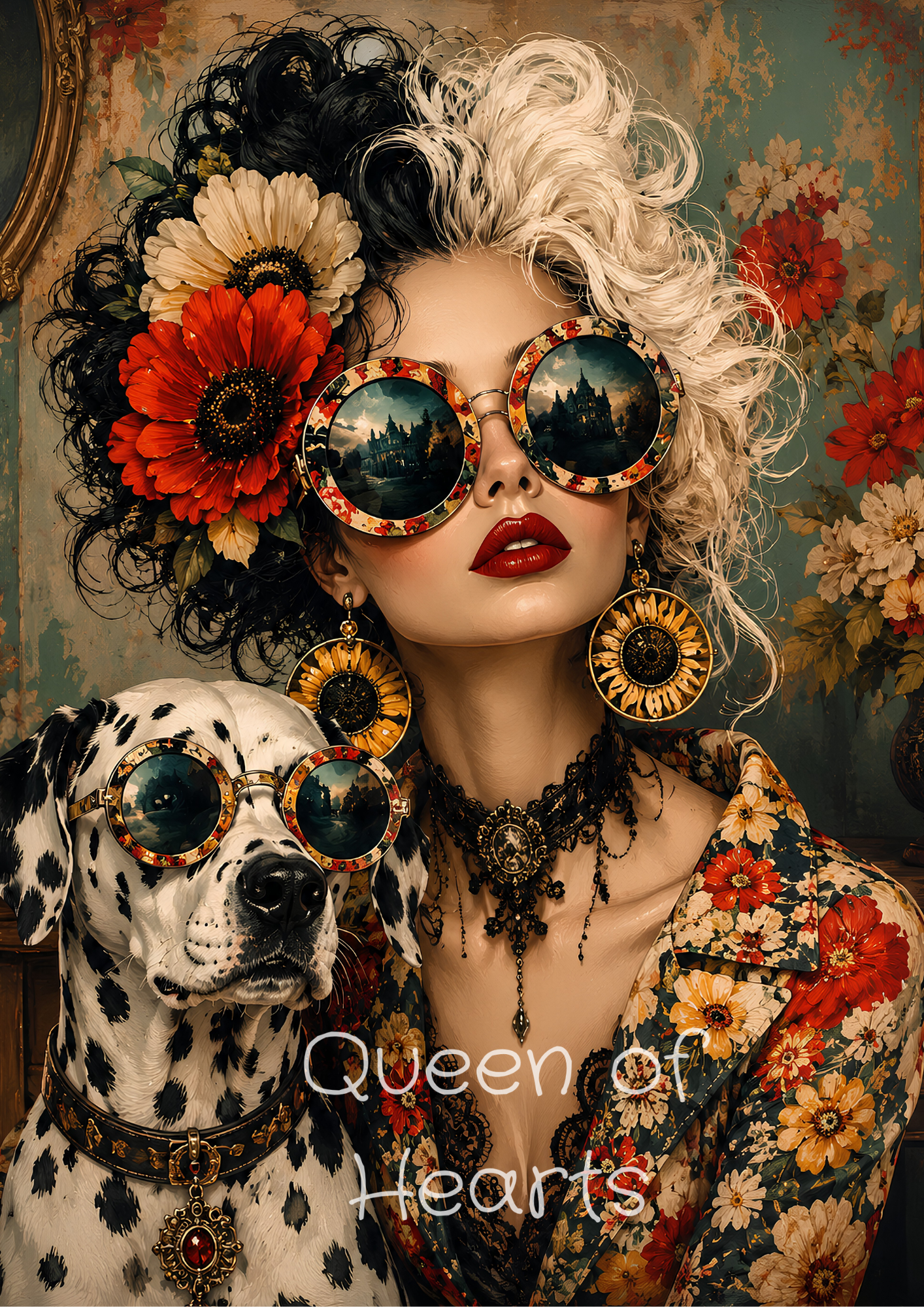 Fashionable woman with dramatic black-and-white hair and oversized floral sunglasses posing beside a Dalmatian wearing matching sunglasses, surrounded by vintage-inspired flowers and elegant decorative details.