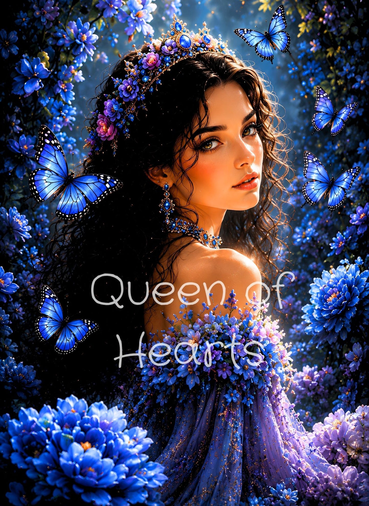 Fantasy princess lying among blue flowers and butterflies, wearing a floral crown and flowing blue gown.