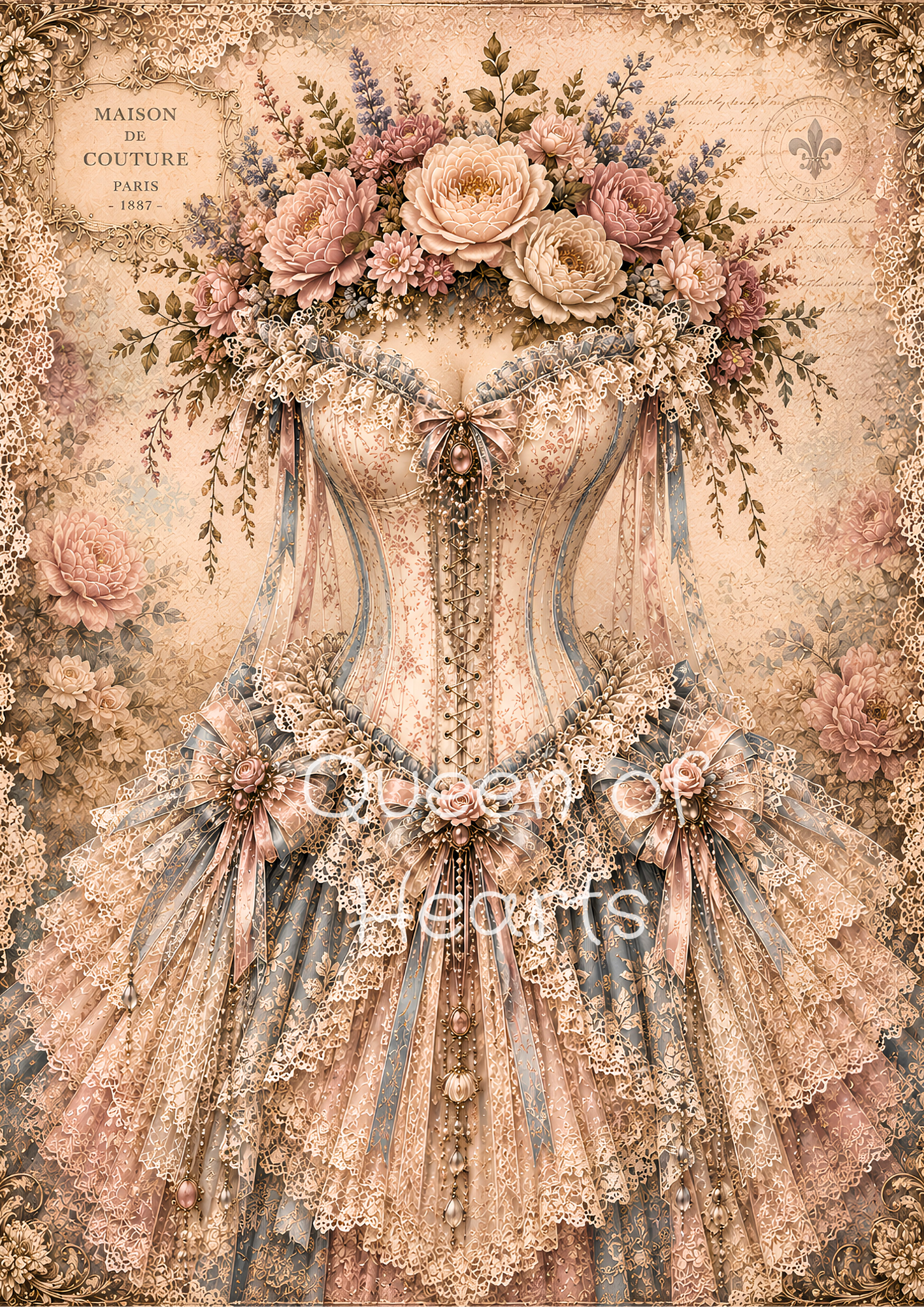 Vintage French-inspired corset gown decorated with lace, ribbons, roses, and floral embellishments in soft blush pink, ivory, and dusty blue tones.