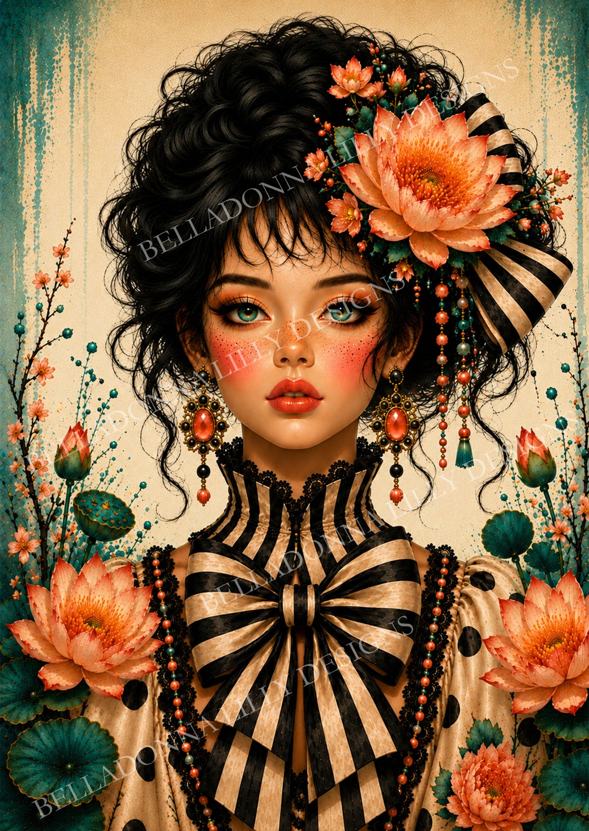 Miss Lotus decoupage rice paper featuring a woman with turquoise eyes, dark hair, coral lotus flowers, teal foliage, jeweled earrings and black-and-cream stripes.