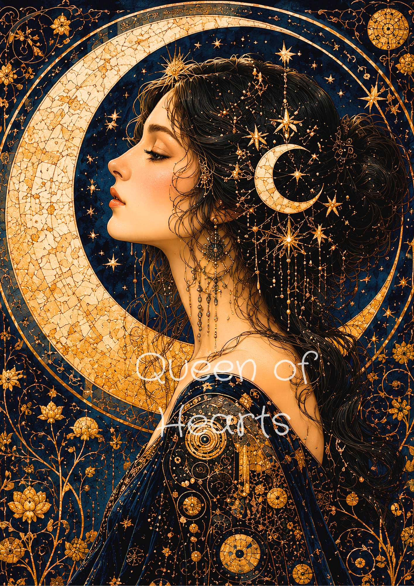 Art Nouveau-inspired celestial woman with flowing dark hair, surrounded by golden crescent moons, stars, and ornate decorative details against a deep midnight-blue background.