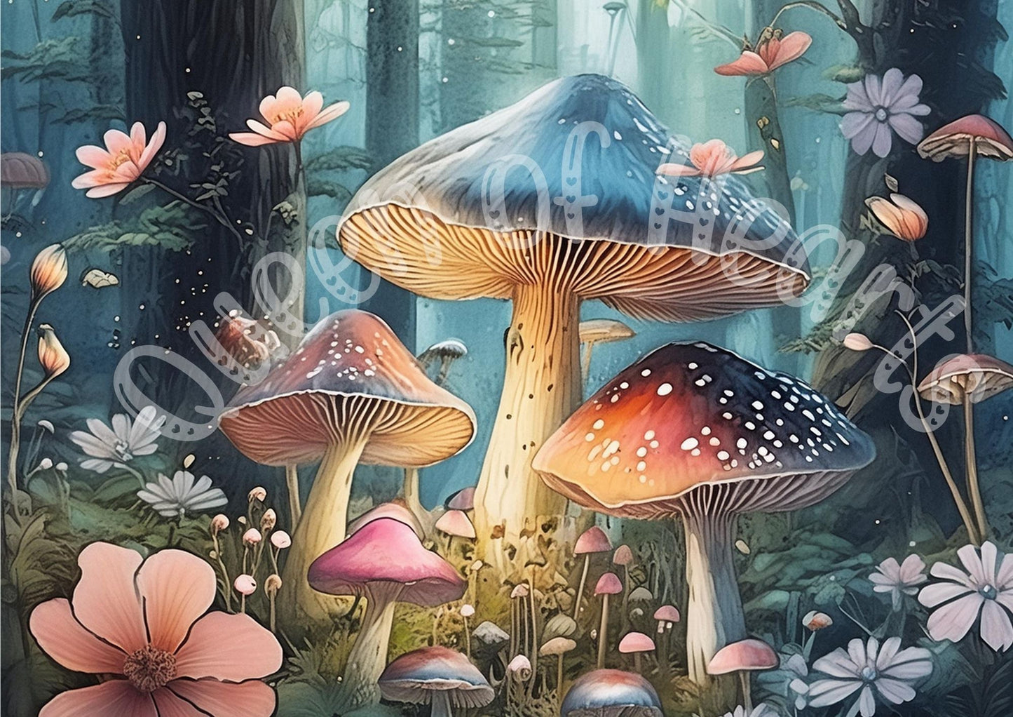 Colorful mushrooms and flowers in a fantasy setting