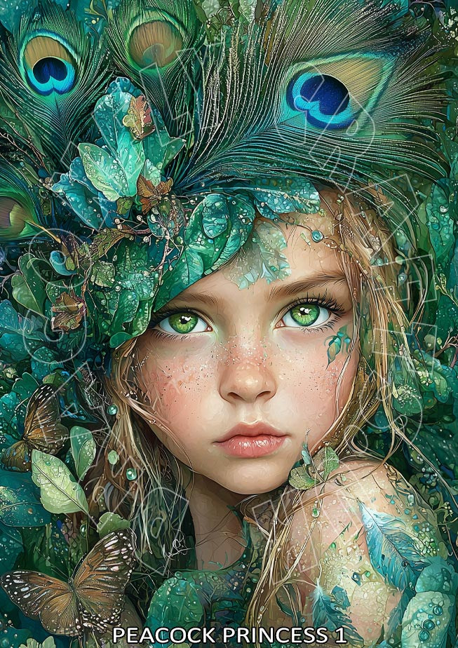Artistic depiction of a 'Peacock Princess' with peacock feathers and greenery.