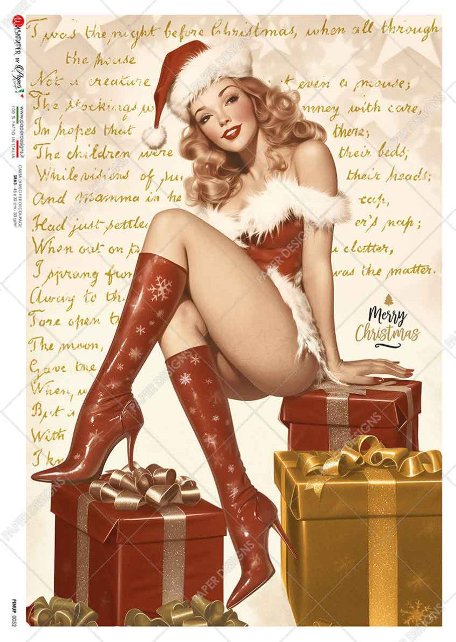 Vintage-style Christmas picture with a woman in a Santa hat and red knee-high boots on presents.