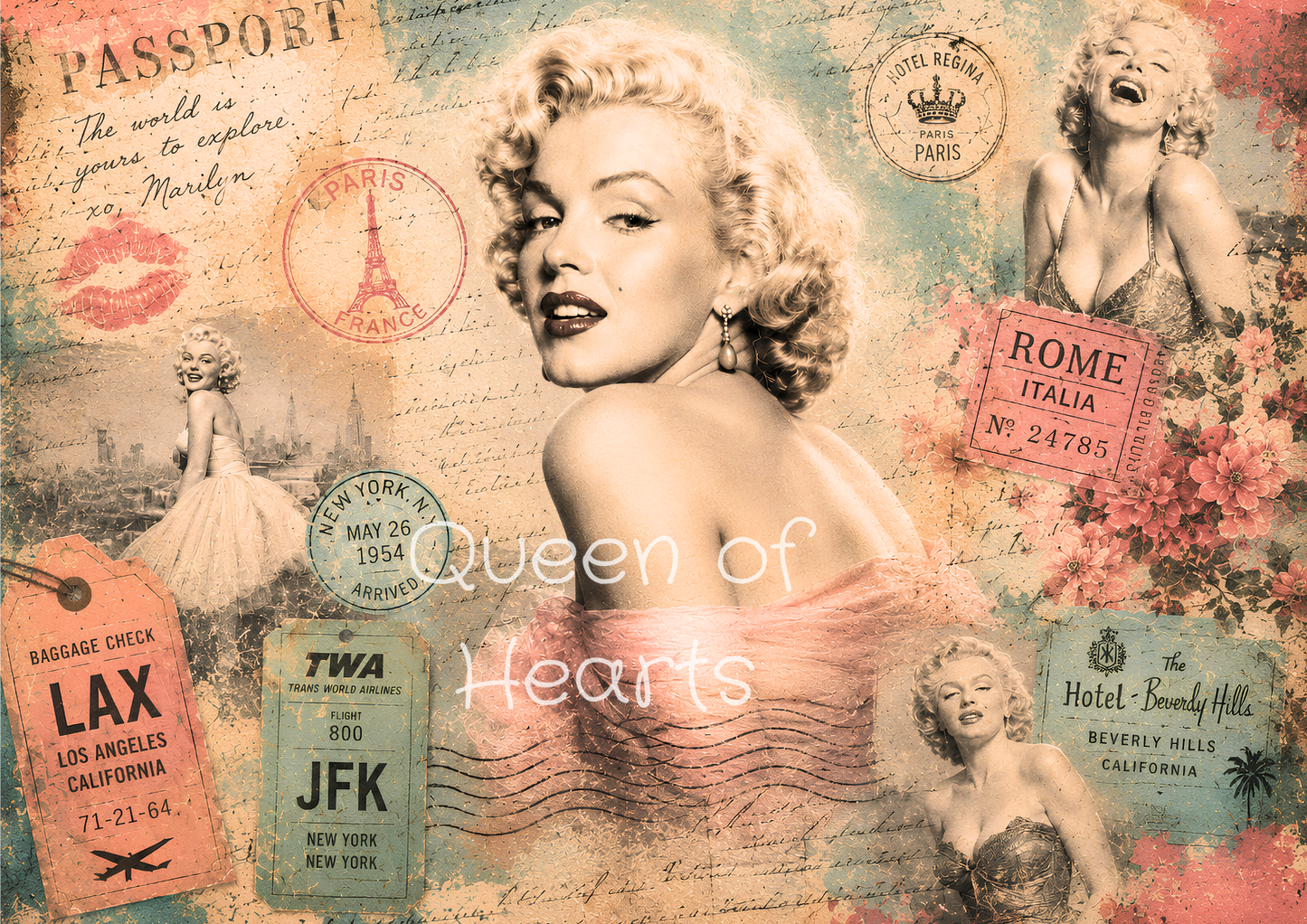 A vintage-style collage artwork featuring multiple vintage glamour portraits of a blonde woman, travel stamps, ticket stubs, postmarks, and floral elements on a distressed cream and teal background.