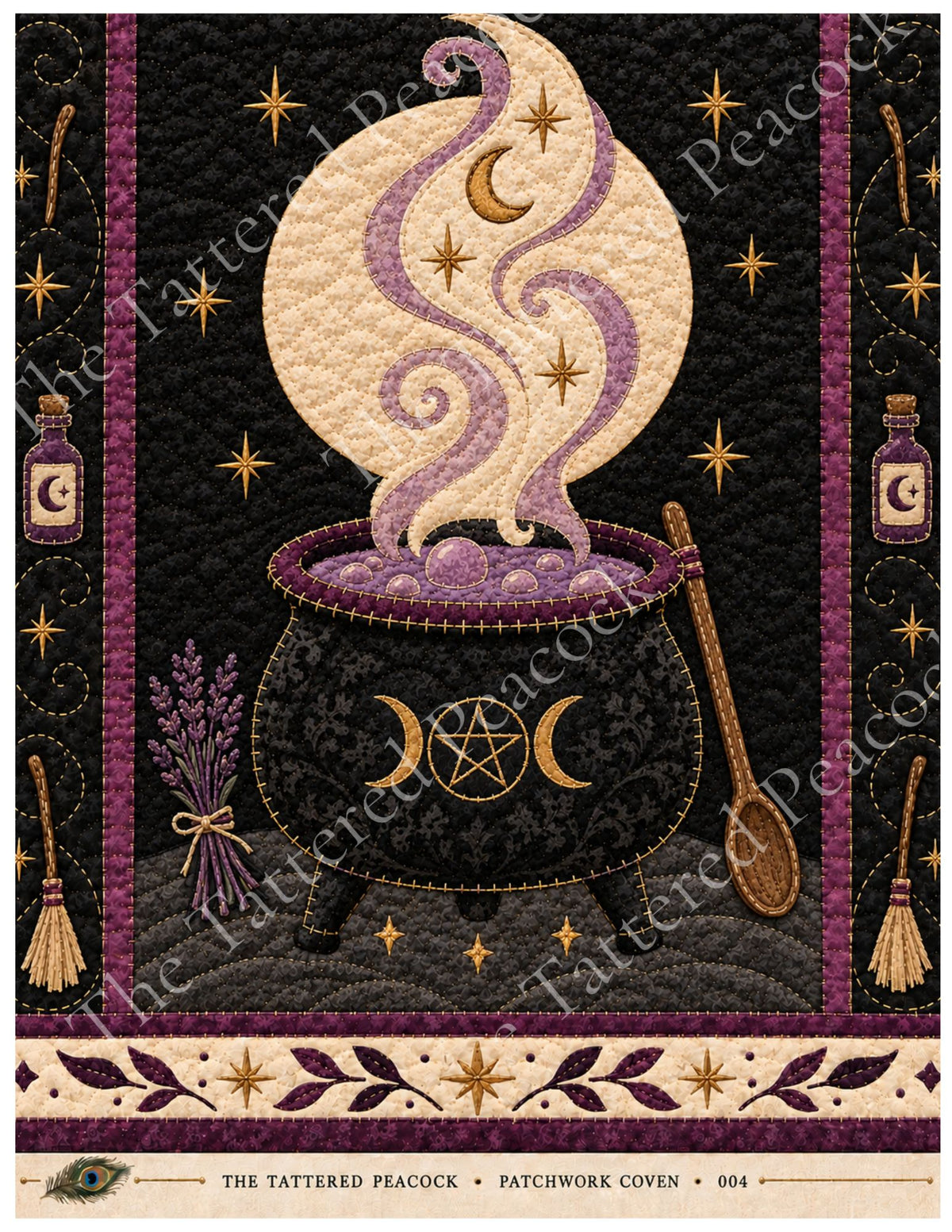 Enchanted Cauldron Patchwork Coven 004 cotton Collector Panel with a bubbling quilted cauldron, full moon, lavender steam and potion bottles.